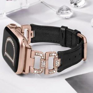 NEW Black/Gold Diamond Bling Leather Apple Watch Band